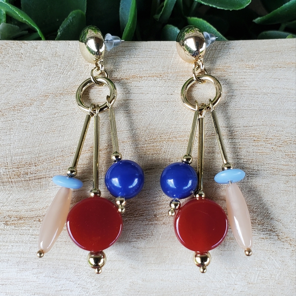 Unsigned Yellow Gold Tone Multi Color Plastic Beads Dangle Post Back Earrings